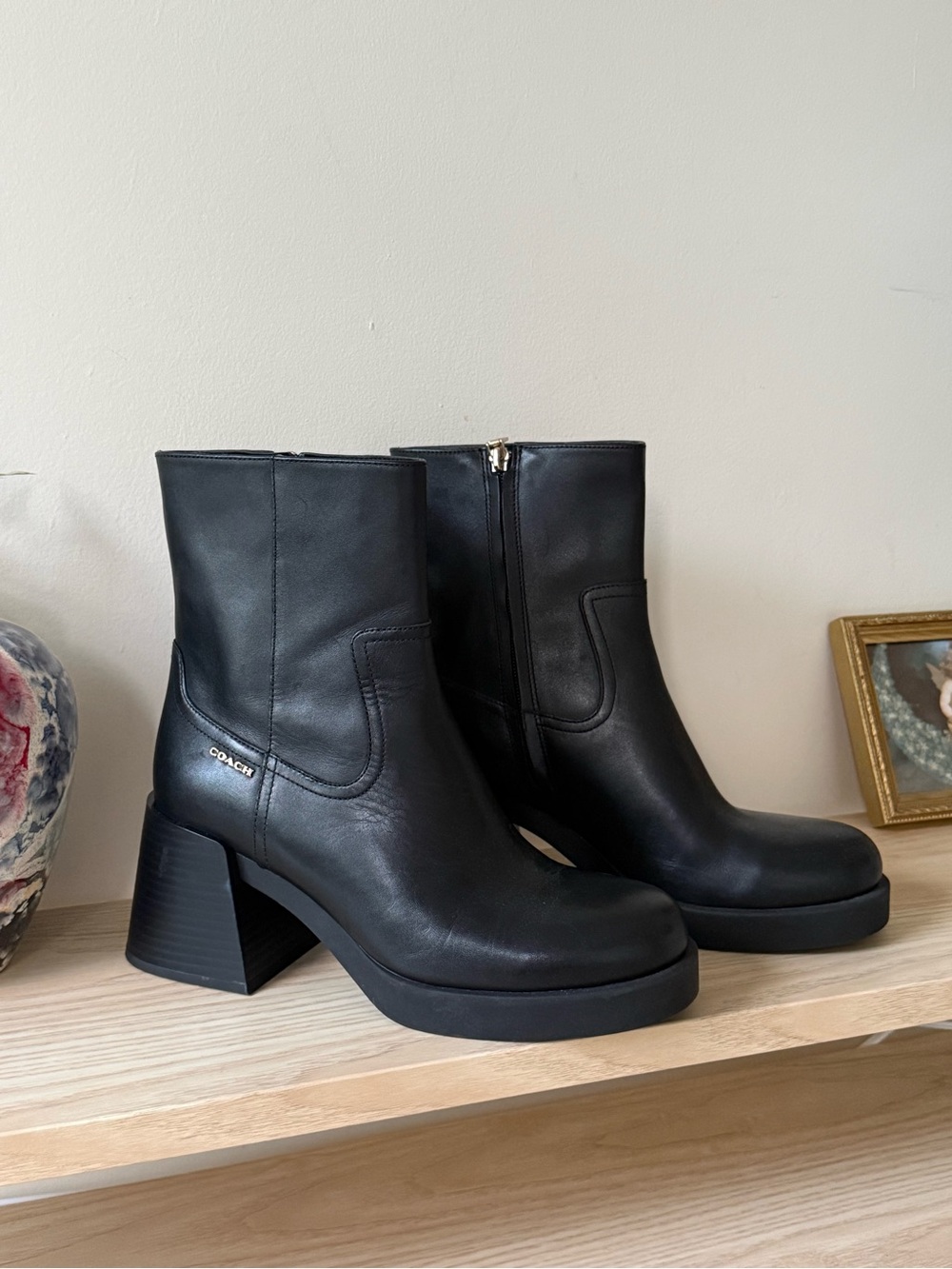 Coach Black Leather Platform Ankle Boots with Block Heel